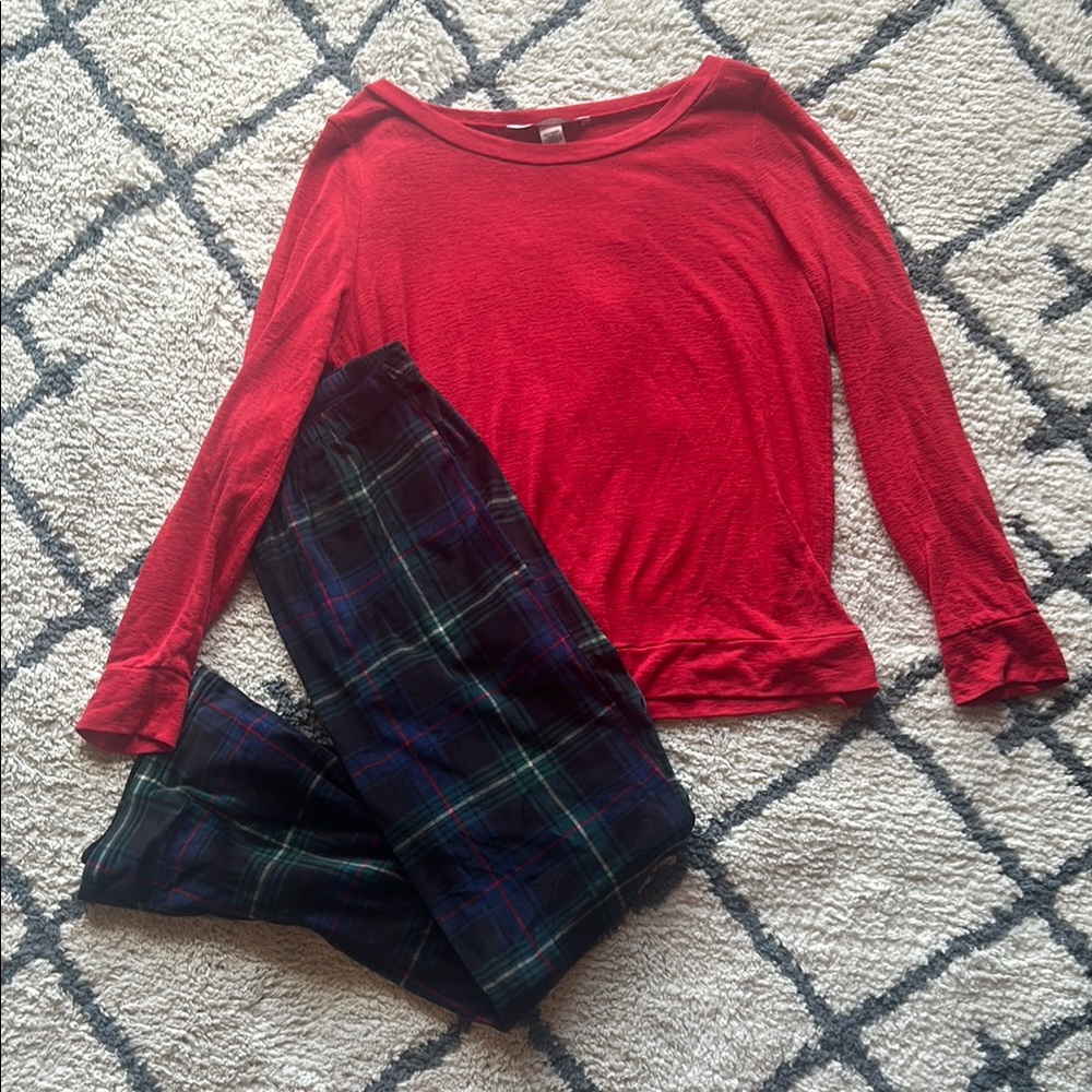 Red Long Sleeve Top and Plaid Pants Set
